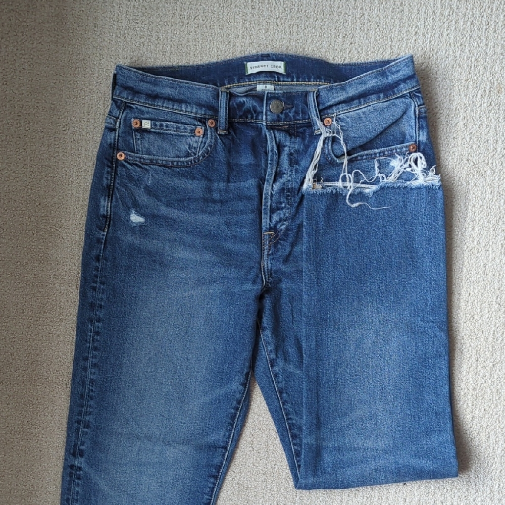 AE77 Premium Straight Crop Jean Distressed - Blue